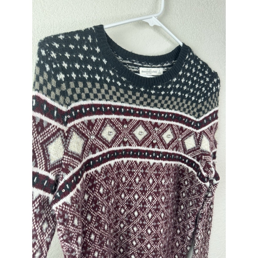 Abercrombie & Fitch Fair Isle Sweater Women's S Maroon Winter Nordic Embellished - Picture 4 of 7